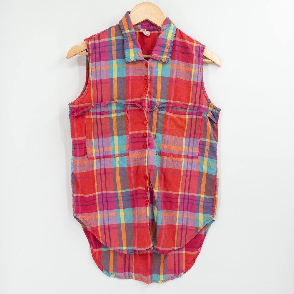 Vintage Madras Plaid Top Womens Medium Rainbow Boho 90s Sleeveless Button Up